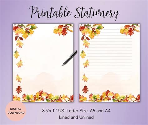 Autumn Printable Stationeryfall Leaves Digital Letterstationaryprintable Writing Paper Set