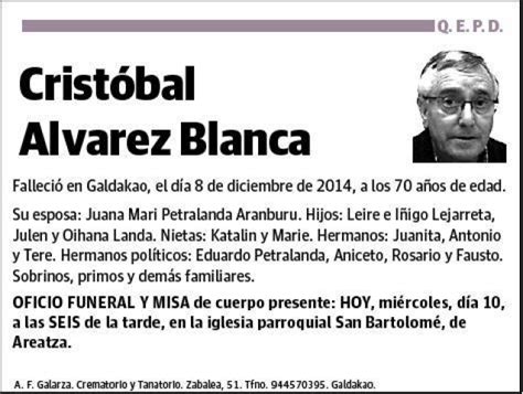 ALVAREZ BLANCA CRISTOBAL Esquela Necrológica El Correo