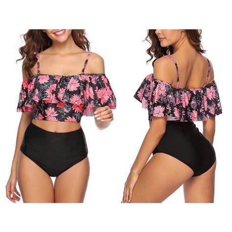 M M 60 Pink Flounce Halter Top With Floral Print High Waist Bikini