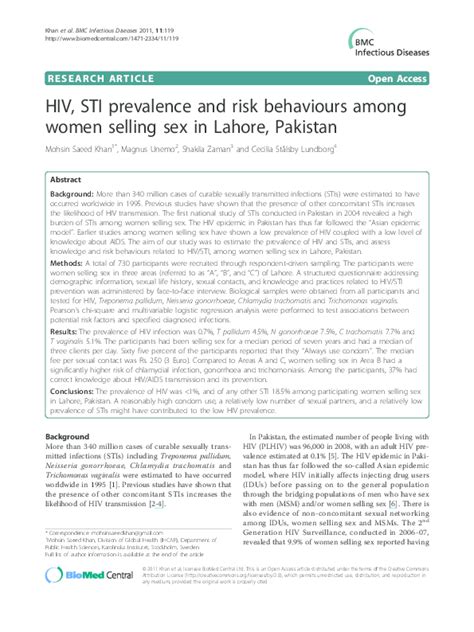 Pdf Hiv Sti Prevalence And Risk Behaviours Among Women Selling Sex In Lahore Pakistan