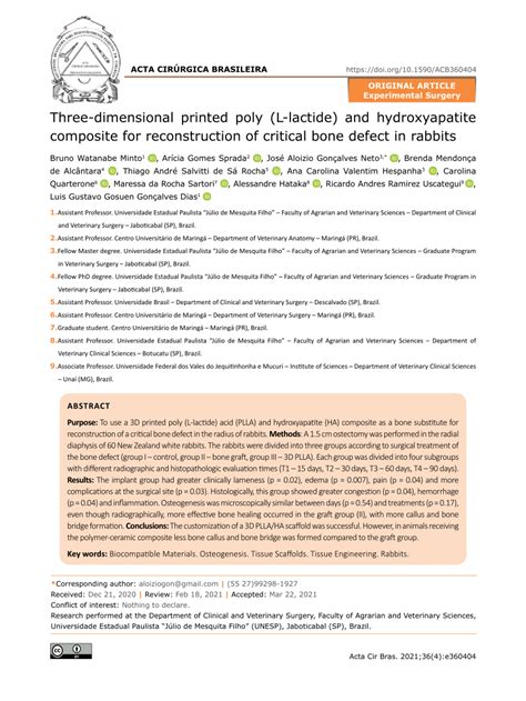 PDF Three Dimensional Printed Poly L Lactide And Hydroxyapatite