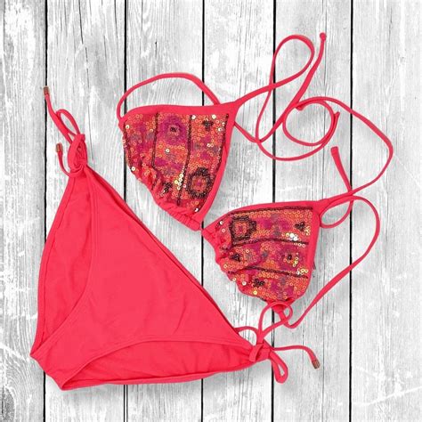 Y K Beaded Triangle String Bikini Set Pink Coral Depop