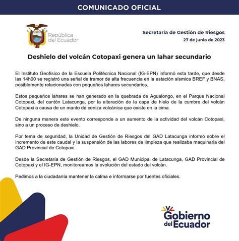 Riesgos Ecuador On Twitter Comunicado Deshielo Del Volc N Cotopaxi