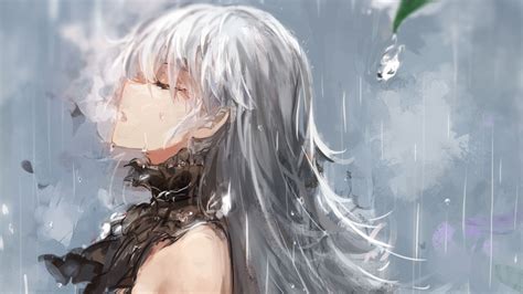 Wallpaper Long Hair Closed Eyes White Hair Black Dress Anime Girls Open Mouth Rain