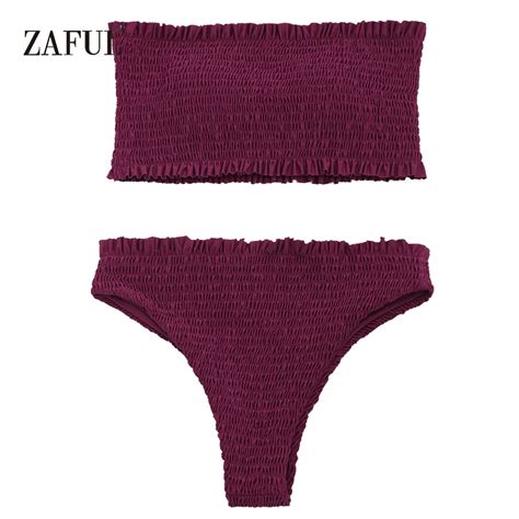 Zaful Women Swimsuit Frilled Smocked Bandeau Bikini Set Solid Womens