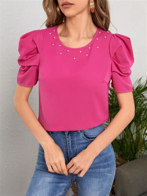 Shein Clasi Pearl Beaded Puff Sleeve Blouse Shein Usa