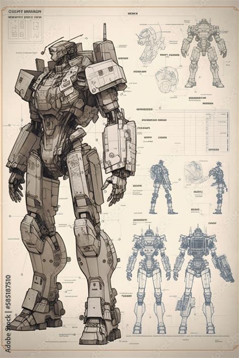 Futuristic Mechanical Soldier Sketch Drawing Blueprint Concept Art