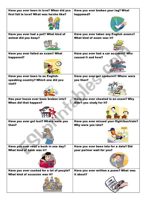 Conversation Cards No 11 Have You Ever Present Perfect And Past Simple Esl Worksheet