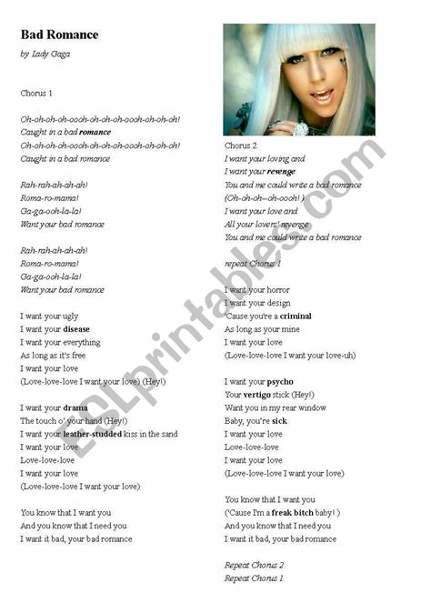 Lady Gaga, Bad Romance Song Lyrics, Listening Activity and Vocab ...