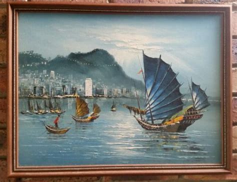 Vintage Chinese Junk Boats Original Oil Painting Signed Boat Painting