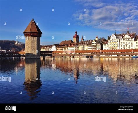 The Kapellbrücke in the centre of Lucerne Switzerland on a winter day