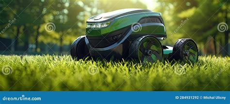 Robot Lawn Mower On Green Grass Generative Ai Stock Illustration Illustration Of Green