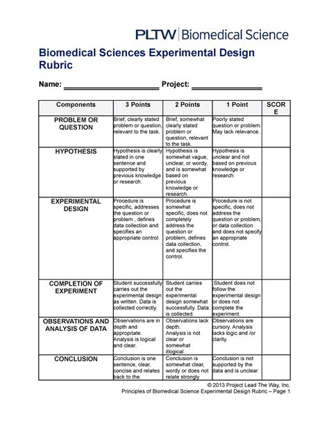 Experimental Design Rubric Biomedical Sciences Experimental Design