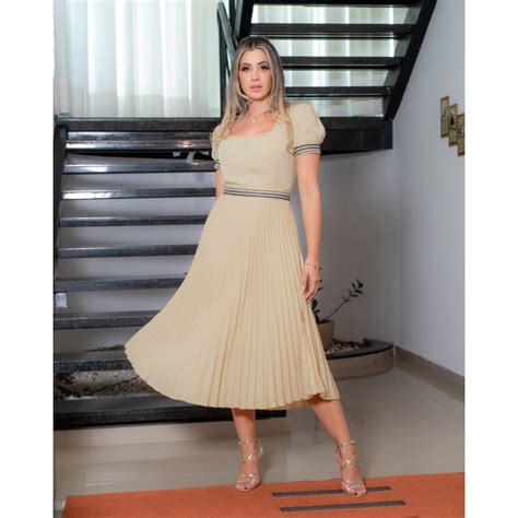 Vestido Plissado Em Crepe Zíper Luciana Pais