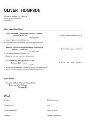 Lab Chemist Resume Sample Tips Online Resume Builder