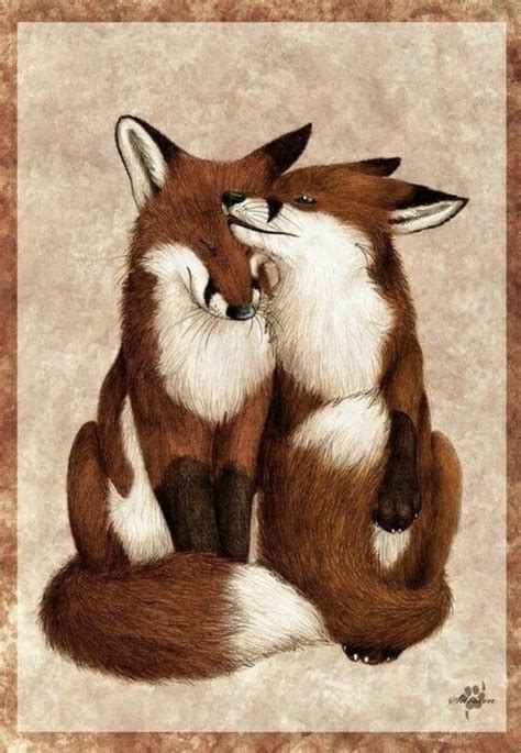 Two Foxes Cuddle Together On A Brown Background