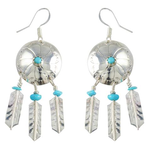 Sterling Silver Turquoise Feather Dangle Earrings Navajo