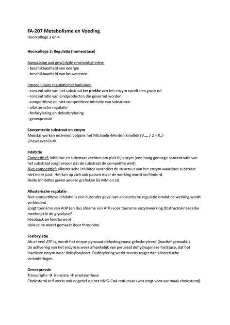 Hoorcollege 3 En 4 FA 207 FA 207 Metabolisme En Voeding Hoorcollege