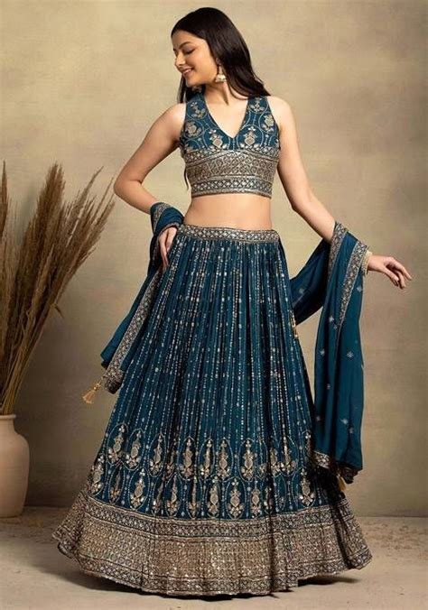 Buy Women Teal Sequin Zari Stripe Embroidered Lehenga Set With