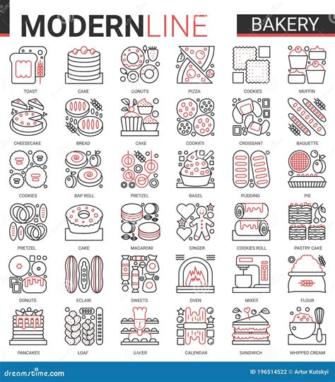 Bakery Red Black Thin Line Icon Vector Illustration Set Sweet Food