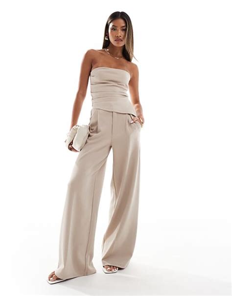 Asos Design Co Ord Strapless Ruched Side Top And Wide Leg Trouser In Stone Asos