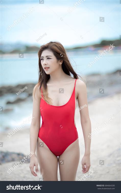 Asian Woman Red Bikini One Piece Stock Photo Shutterstock