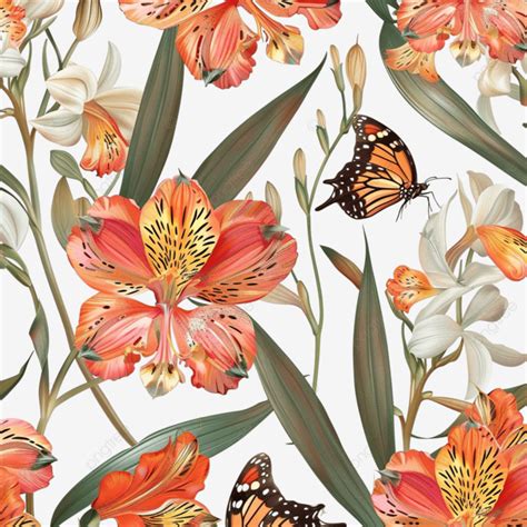 Seamless Floral Pattern With Butterflies And Alstroemeria Flowers