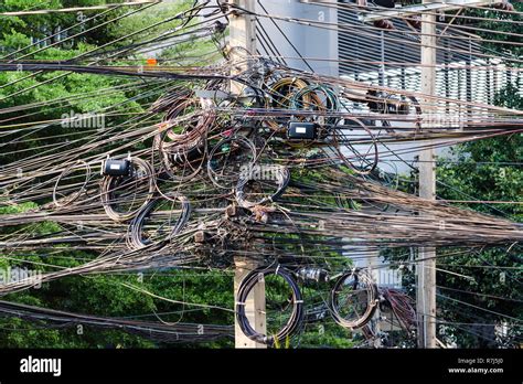 Utility Pole With Lots Of Entangled Electrical Wires Chiang Mai