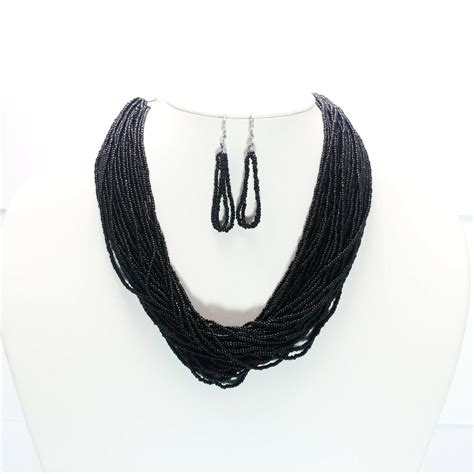 Black Seed Beads Necklace Set Black 18 Seed Bead Necklace And Earring Set Ebay