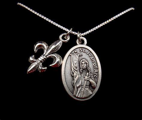 Saint St Joan Of Arc Necklace Personalized Fluer De Lis Etsy Silver