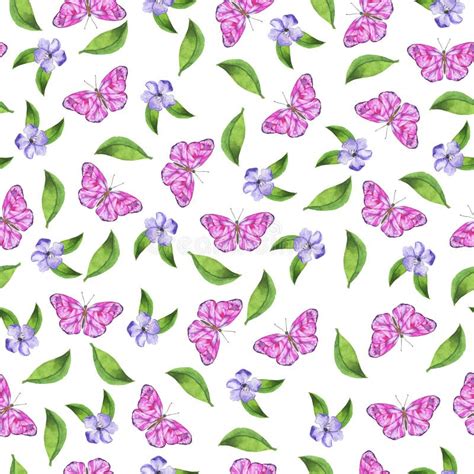 Hojas Verdes De Mariposa Rosa Y Flores Lilas Sin Fisuras Acuarela