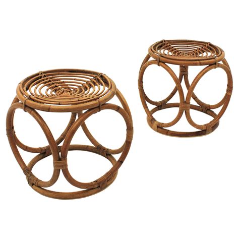 Pair Of Bamboo Rattan Round Stools Or Side Tables Franco Albini Style