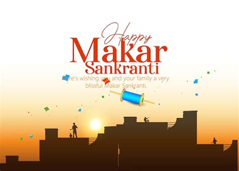 Feliz Festival Makar Sankranti Con Cometas Nubes Y Sol Vector Premium