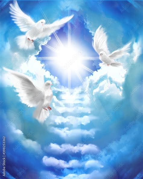 The flying three white doves around clouds stairs leading to shining ...