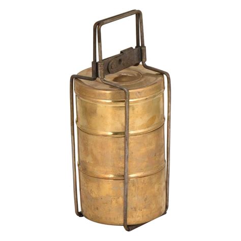 Handcrafted Brass Tiffin Box Three Storage With Thin Strap Frame