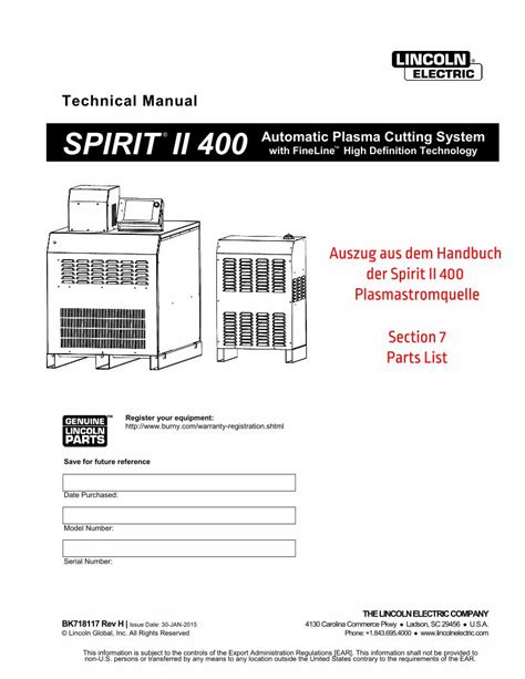 PDF Technical Manual SPIRIT II 400 Automatic Plasma Cutting System