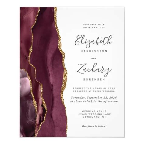 Elegant Burgundy Gold Agate Wedding Invitation