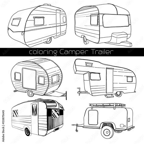 Set Isolated Hand Drawn Doodle Camper Trailer Car Recreation