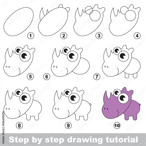 Rhinoceros. Drawing tutorial. Stock Vector | Adobe Stock