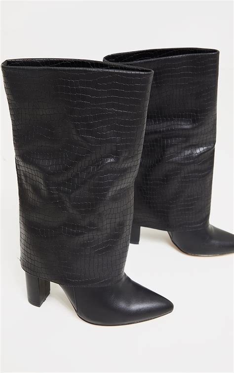 Black Wide Fit Fold Over Block Heel Knee Boots Prettylittlething Ire