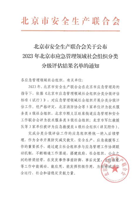 关于公布2023年北京市应急管理领域社会组织分类分级评估结果名单的通知北京市安全生产联合会