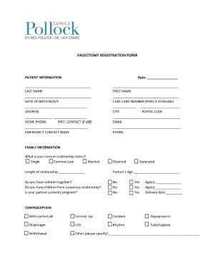 Fillable Online Vasectomy Registration Form Pollock Clinics Fax Email