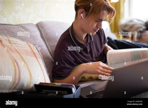 Teenage boy with textbook and laptop studying at home Stock Photo - Alamy