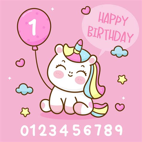 Cute unicorn cartoon Happy birthday party with number 10881973 Vector ...