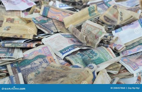 Heap Of Old Myanmar Money Stacks Of Burmese Banknotes Stock Photo