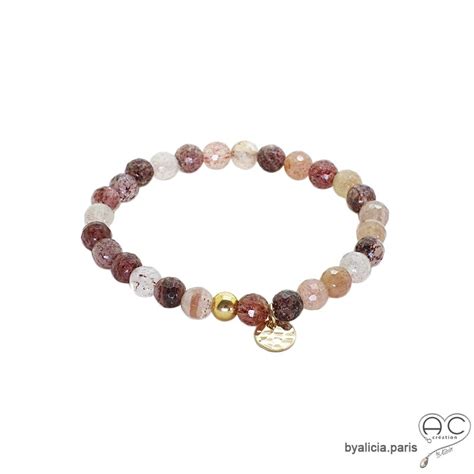 Bracelet Strawberry Quartz Pierre Naturelle Plaqu Or Fait Main Tour De