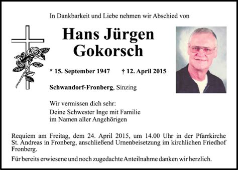 Traueranzeigen Von Hans J Rgen Gokorsch Mittelbayerische Trauer