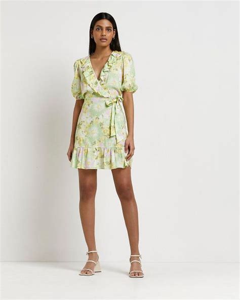 River Island Green Floral Wrap Mini Dress Lyst