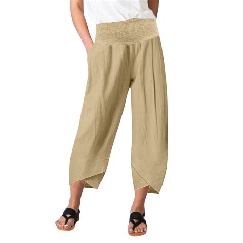 Akklian Womens Cotton Linen Capri Pants Relaxed Fit Loose Elastic High