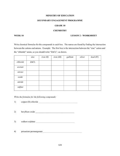 Grade 10 Worksheets Chemistry